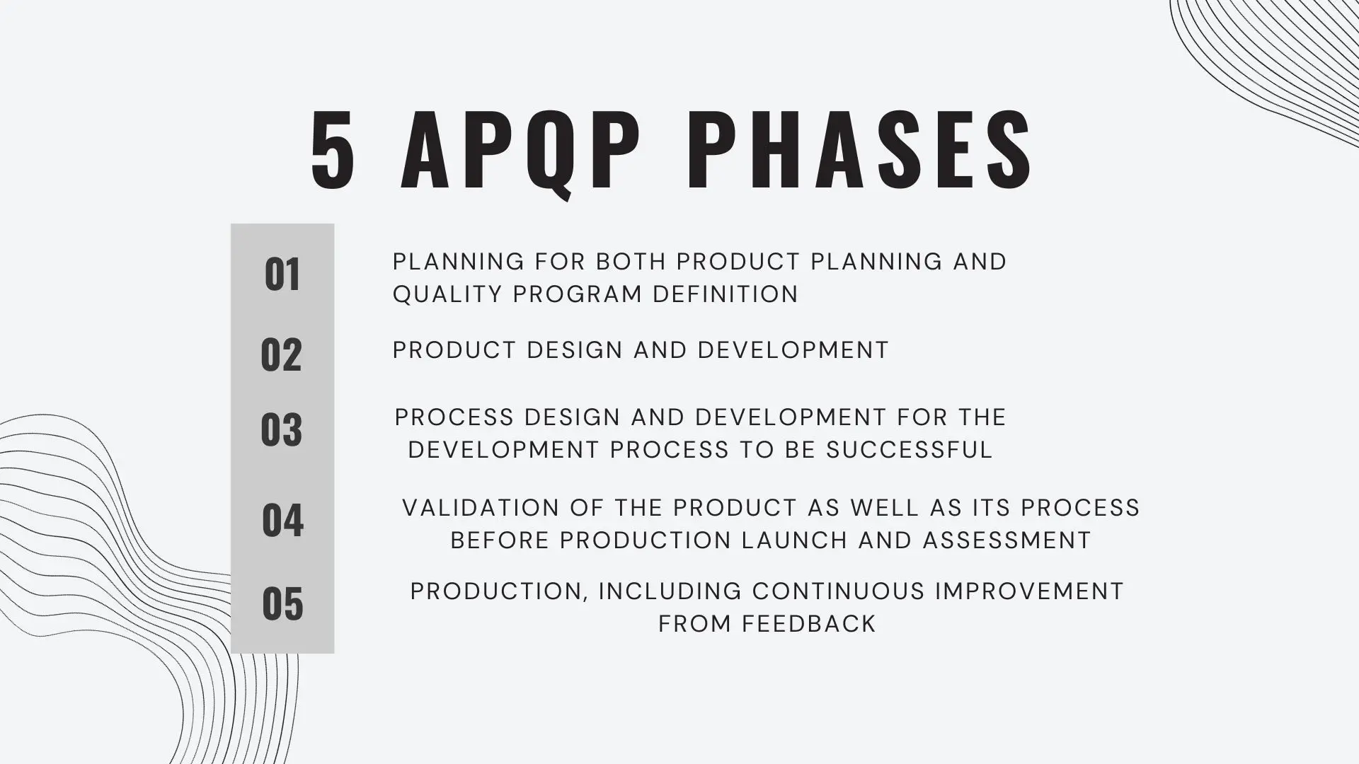 An image representing the five phases of APQP, which are: Planning and Definition, PD&D, Process Design and Development, Product and Process Validation, and Launch, Feedback, Assessment and Corrective Action. Learn what are the 5 phases of APQP with this helpful visual.